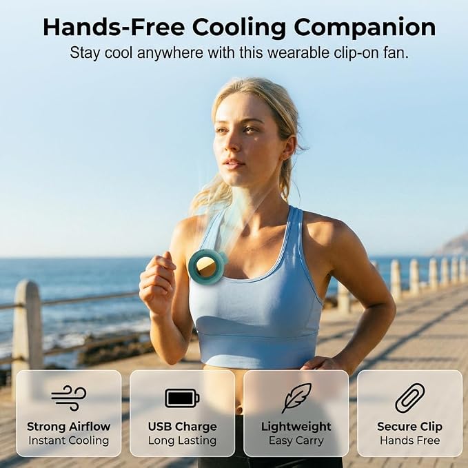 Portable Silent Clip On Bladeless Fan, Rechargeable Wearable Fan, Mini Fan with Clip for Shirt & Waist, Adjustable 3-Speed Portable Waist Neck Fan Hands-Free for Outdoor Travel Office (Green+White)