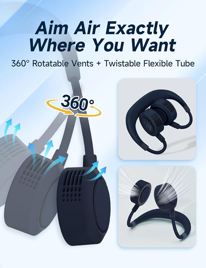 Portable Neck Fan - Hands Free Personal Face Fan, 5 Speeds Rechargeable Wearable Cooling Fan, Flexible Foldable Small Thin Quiet Neck Cooler for Travel, Work, Hot Flashes (Smoky Gray)