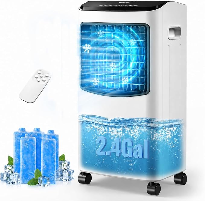 Tehanld Portable Evaporative Air Cooler, 2.4 Gal Swamp Cooler with 4 Ice Packs, 1620 CFM Windowless Room Cooling Fan with 120° Oscillation, 3 Speeds, 16H Timer & Remote for Home, Bedroom