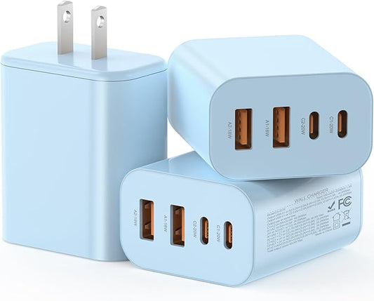 USB C Charger Block, 3-Pack 40W Wall Plug Fast Charging Block, 4-in-1 PD + QC Power Adapter Type C Charging Blocks Cube, Compatible with iPhone 17/16/15/14/13/12/11/Pro Max, Tablets（Blue）