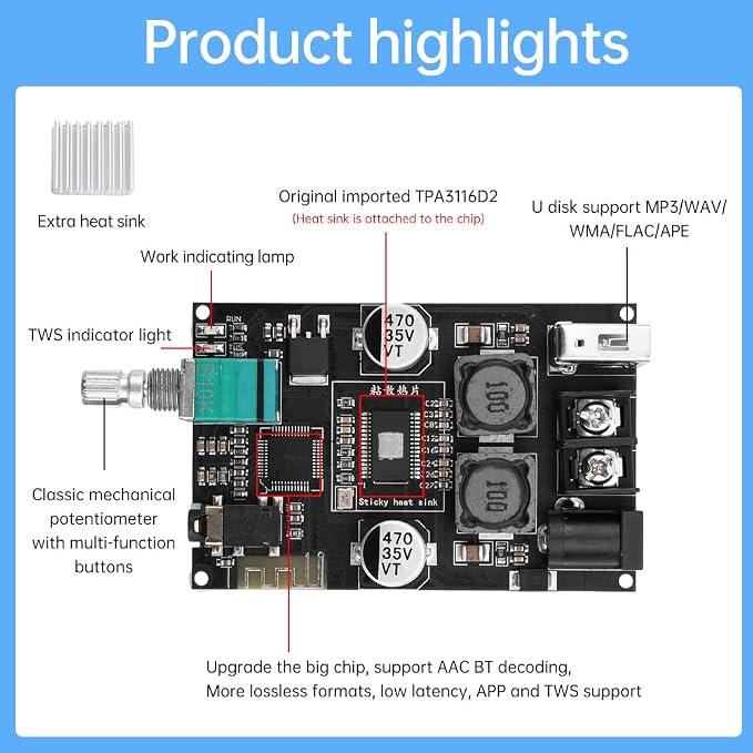 ZK-1001B Bluetooth Amp Board, 100W Power Output,BT 5.0 AMP Board for DIY Wireless Speakers AMP Module TPA3116 Board DC7-24V BT/AUX/USB Input for DIY Wireless Speakers TWS Amplifier Board