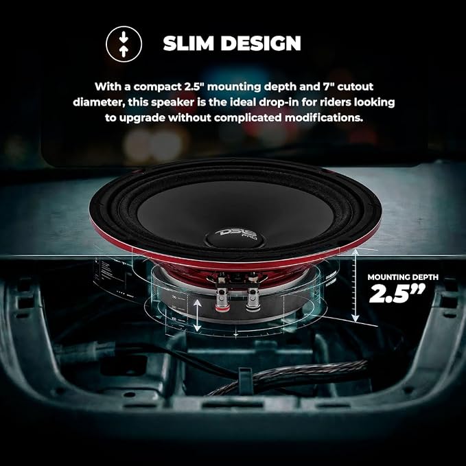 DS18 PRO-SM8.2 8" Slim Loudspeaker – 8”, Midrange, Red Steel Basket, 500W Max Power, 250W RMS, 2 Ohms - Premium Quality Audio Speakers – IP66 Water Resistance, Perfect for Motorcycle Applications