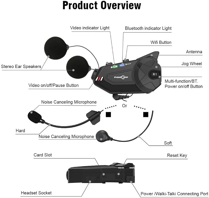 FreedConn Motorcycle Helmet Headset with Camera R1plus Bluetooth Intercom 1000M 6 Riders Waterproof Wireless FM Radio Communication Systems for Most Helmets