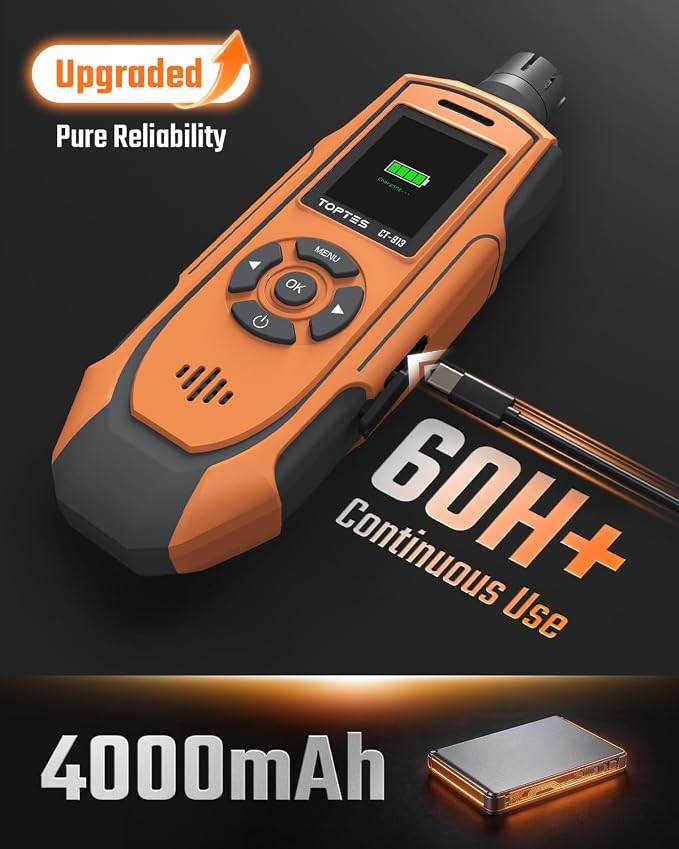 TOPTES CT-913 Portable Carbon Monoxide Detector, Rechargeable CO Detector with Upgraded Sensor, TFT Color Display with Triple Alarms, 0-1000PPM for Camping, Travel, Industrial & Professional Use