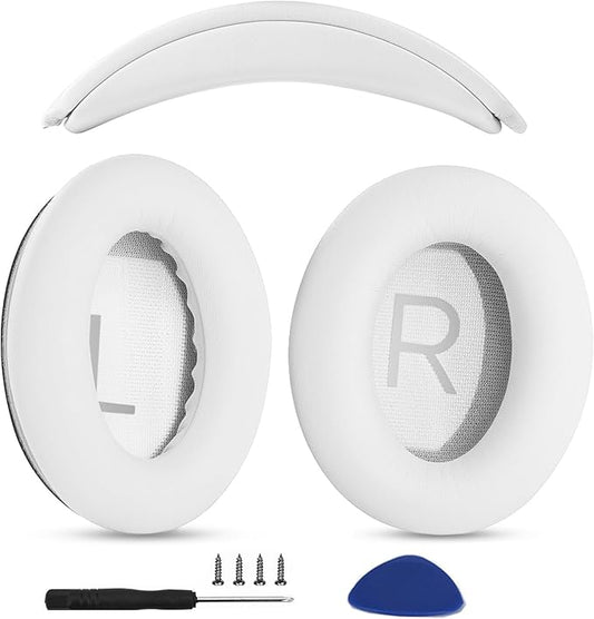 Ear Pads Cushions + Headband Replacement Earpads Compatible with Bose QuietComfort 45 QC45 35 QC35, QC35 ii Over-Ear Headphones Easy DIY Installation,Protein Leather Parts (White KIt)