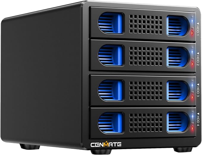 CENMATE Aluminum 4 Bay Hard Drive Enclosure with Cooling Fan for 2.5“/3.5" SATA HDD/SSD with USB A/C 3.0, Support Hot Swappable, Tool-Free HDD Enclosure, DAS(NO RAID/NAS)
