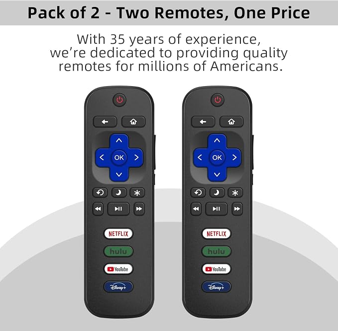 (Pack of 2) Replacement for Roku TV Remote Control, Compatible with TCL Roku/Hisense Roku/Onn Roku/Roku Built-in Smart TVs. (Not Compatible with Roku Sticks or Box). 1 Year Warranty.