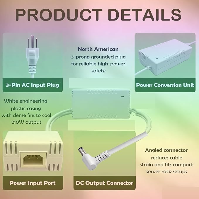 uacc-adapter-ac-210w 54v Power Supply Adapter 210W Compatible with Ubiquiti Ultra (USW-Ultra-210W), USW-Pro-Max-16-PoE (180W) Pro Max 16 PoE, and Flex 2.5G PoE (USW-Flex-2.5G-8-PoE) Models