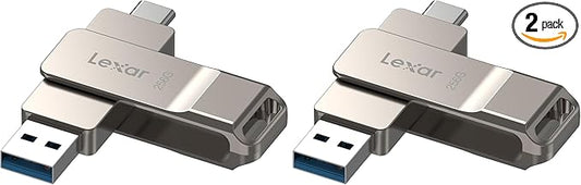 Lexar D40E 256GB Dual USB 3.2 Gen 1 Type-C Jump Drive, USB-C Flash Metal Housing Swivel Design Thumb Drive (Champagne Silver) (Pack of 2)