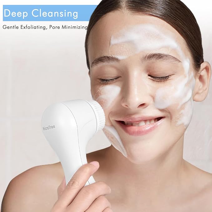 Microtree Electric Facial Cleansing Brush and Brush Head Replacement, Sonic Vibrating Rechargeable Face Scrubber Exfoliator, 2 Speeds for Gentle Clean