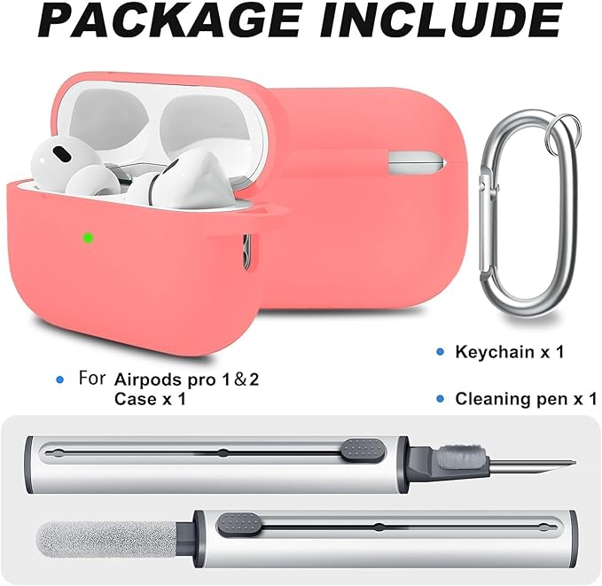 for AirPods Pro 2 Case with Cleaner Kit, Compatible with Airpods Pro 2nd/1st Generation Case (USB-C Cable) with Keychain for Women and Men,Coralline