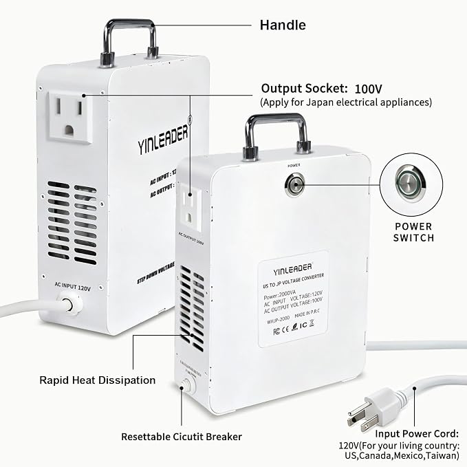 Yinleader 2000W Convert 120V to 100V Step Down Voltage Transformer Perfect for Japanese High-Power Devices in US(White)