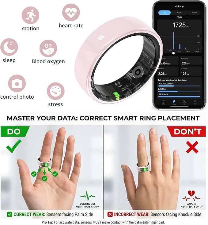 COLMI R02 Smart Ring, Smart Ring for Women and Men, No Subscription Fee, with a Charging Case, Supports Heart Rate, Blood Oxygen, Sleep Health Monitoring, and Sports Tracking Ring. (Pink Ceramic, 7#)
