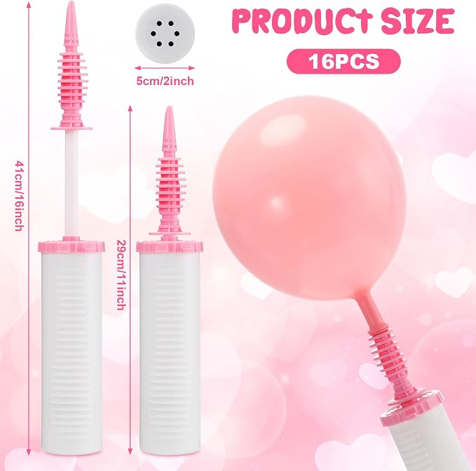 16 Pcs Handheld Balloon Air Pump Inflator Air Pump for Balloons, 2 Way Dual Action Manual Balloon Inflator for Birthday Party Decoration Exercise Yoga Balls Pool Floats, 12 Inch (White and Pink)