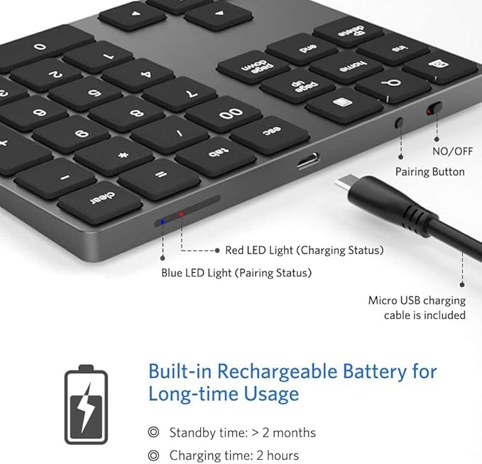 JOYEKY Bluetooth Number Pad, Wireless Numeric Keypad, USB-C Rechargeable External 34-Keys Numpad, Financial Data Entry Keyboard for iMac, MacBook Air/Pro, PC Desktop, Laptop Notebook
