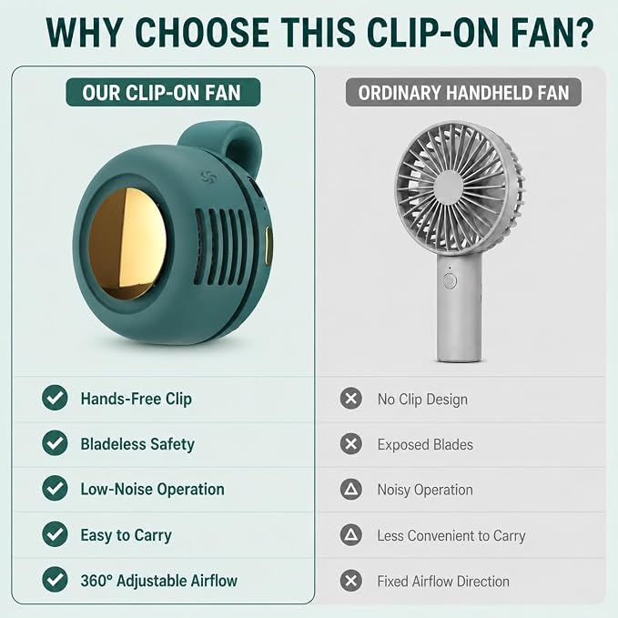 Portable Silent Mini Bladeless Fan Clip On, Small Fan Clip on for Shirt & Waist, Adjustable 3-Speed Suspended Whirlwind Fans, For Outdoor & Travel & Office, Travel Accessories (1, green)