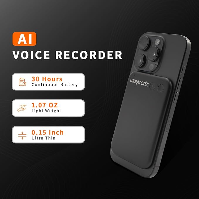 Waytronic AI Voice Recorder, APP Control, Transcribe&Summarize&Translate with AI, Support 108 Languages, Pocket AI Note Taker for Lectures, Meetings, Calls, Only Work with iPhone