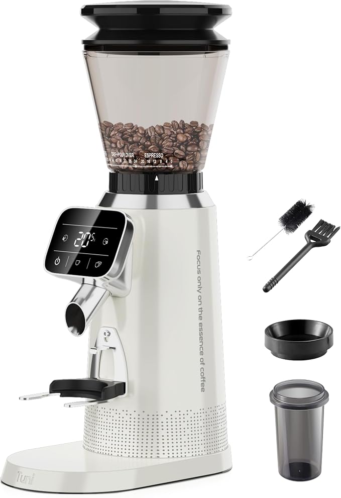 Tuni G2 Conical Burr Coffee Grinder, 70 Grind Settings Anti-static Burr Mill, Precision Electronic Timer and LED Touchscreen for Espresso/Drip/Cold Brew/French Press, Stainless Steel, Ivory