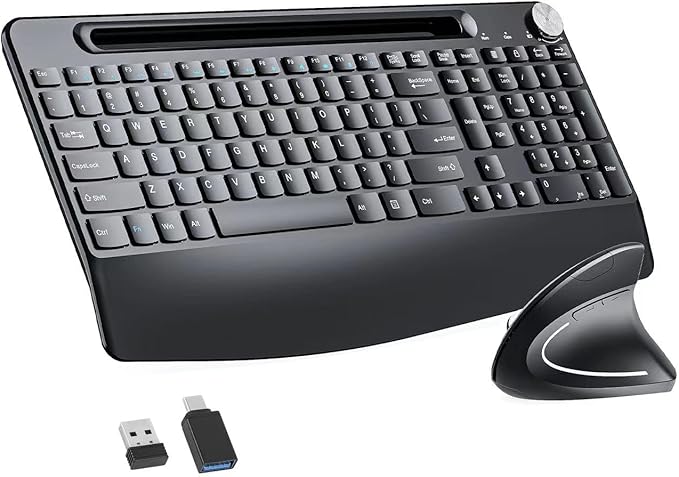 Full-Size Ergonomic Keyboard and Mouse, 2.4GHz Wireless Keyboard and vertical Mouse with Tablet Phone Holder, Wrist Rest for Computer Mac PC Laptop Chromebook, Black