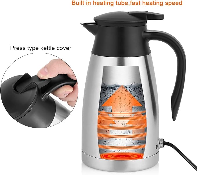 Travel Kettle, Car Electric Kettle Car Kettle 12V 1000ml Stainless Steel Car Electric Heating Kettle Portable Travel Car Car Kettle Heating Cup for Tea Coffee Making, Fast Heating Speed