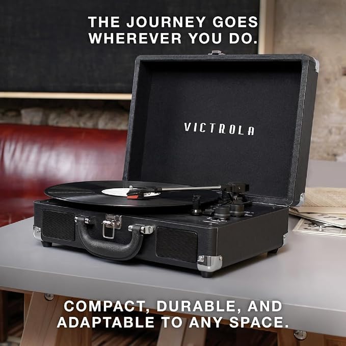 Victrola Journey Bluetooth Portable Suitcase Record Player – with Built-in Speakers, 3 Speed Vinyl Record Player, RCA Out, Headphone Jack (Gray)