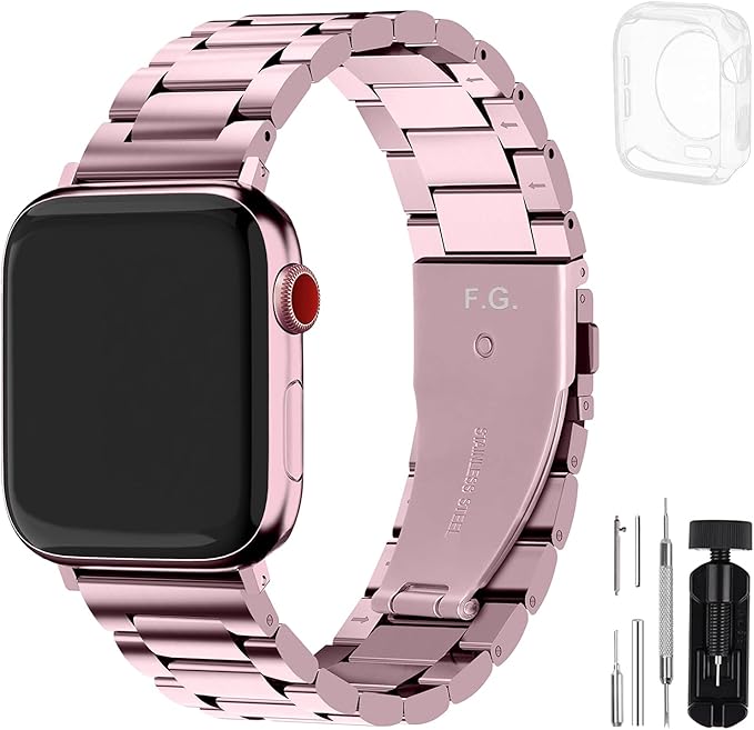 Fullmosa Metal Band Compatible with Apple Watch Bands 45mm 44mm 42mm, iWatch Band with Case for Apple Watch Series 9 8 7 6 5 4 3 2 1 SE3/2/1, Rose Pink