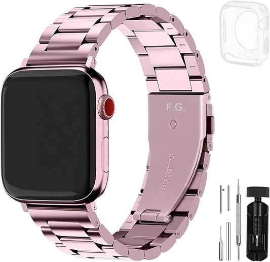 Fullmosa Metal Band Compatible with Apple Watch Bands 45mm 44mm 42mm, iWatch Band with Case for Apple Watch Series 9 8 7 6 5 4 3 2 1 SE3/2/1, Rose Pink