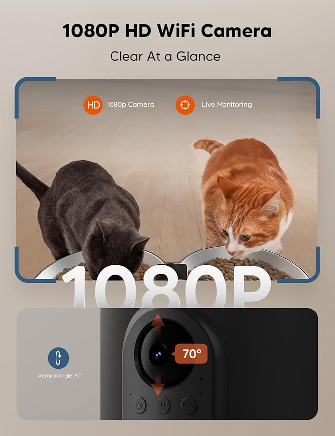 WOPET Automatic Cat Feeder with Camera for Two Cats, 1080p HD Automatic Dog Feeder, 5G WiFi Pet Feeder with Night Vision for Cat & Dog, SD Card Storage & 2-Way Audio