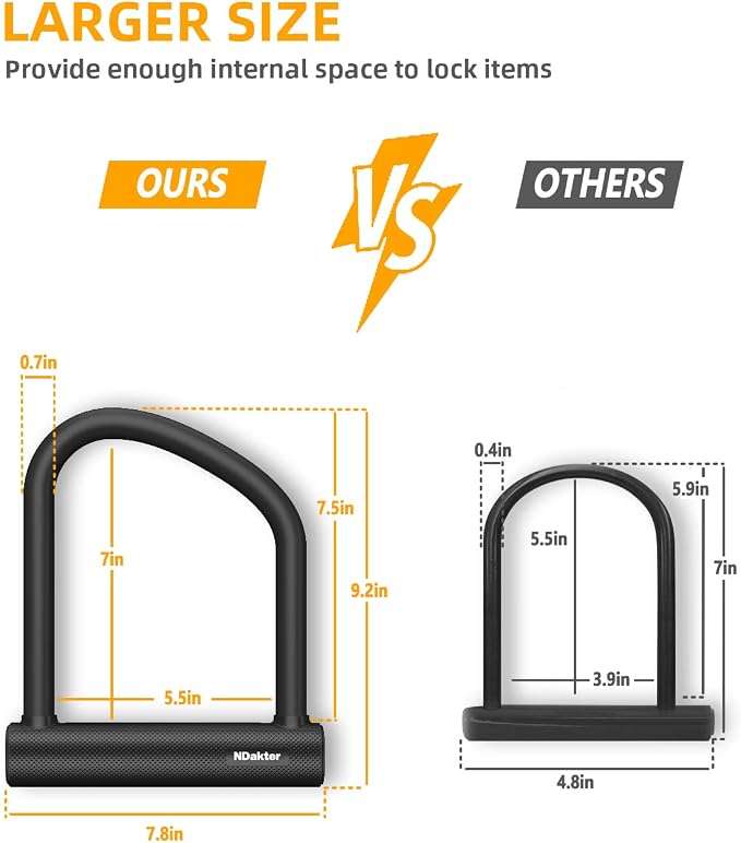 NDakter Bike Locks Heavy Duty Anti Theft 18mm Thick, Motorcycle U Lock with 4FT x 6mm Security Chain, 3Keys Large U-Shape Electric Bicycle Wheel Lock for Ebike, Escooter, Fat-Tire Dirt-Bike, Tricycle