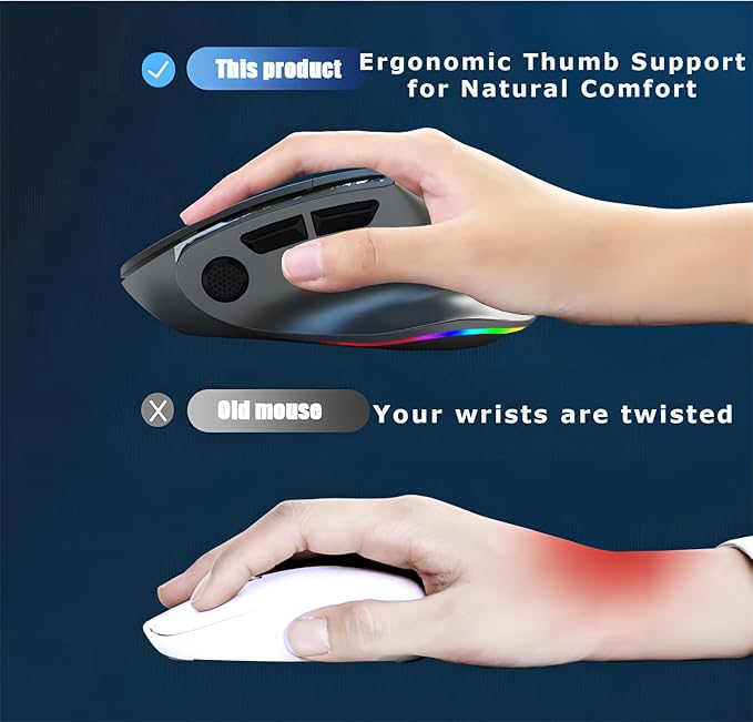Wireless Mouse Ergonomic Vertical Mouse for Large Hands Rechargeable Big Quiet Silent Ergo Blue LED Light Carpal Tunnel Mice for PC Laptop Computer Macbook Office Gift,Bluetooth Vertical Mice