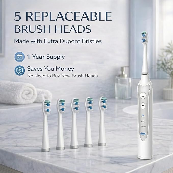 Sonic Electric Toothbrush for Adults, Rechargeable Power Toothbrush with 5 Replacement Heads, Travel Case, 3 Modes, 2 Minute Timer, IPX7 Waterproof Cordless Electric Toothbrush | White
