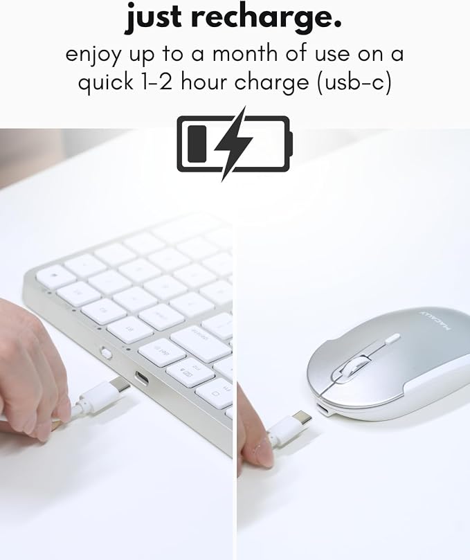 Macally Bluetooth Mac Keyboard and Mouse (Compact, Multi Device, Rechargeable) - Wireless Apple Keyboard and Mouse Combo - for Mac mini/Studio, MacBook Pro/Air, iMac, iPad, iPhone - Silver