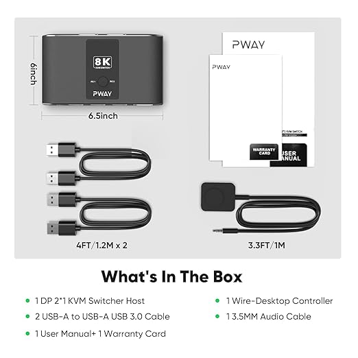 KVM Switch 1 Monitor 2 Computer DisplayPort,DP 1.4 & 3 USB 3.0 Ports (3 USB-A), Supports 8K@60Hz, Control 2 PCs Sharing 1 Monitor & USB Devices, Wired Remote and Button Switch, Adaptive EDID