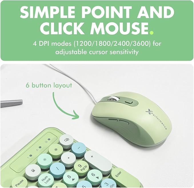 X9 Wired Keyboard and Mouse Combo - Retro Typewriter Keyboard with Round Keycaps, Soft White Backlight, Phone Dock, 109 Full-Size Keys, Cute Wired Green Keyboard and Mouse for Laptop, PC & Chromebook