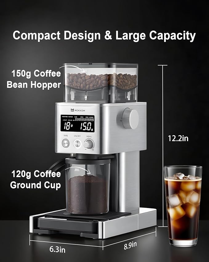 MOKKOM Electric Conical Burr Coffee Grinder with Removable Coffee Scale, Anti-static Coffee Bean Grinder, 31 Grind Settings and Precision Timer for Espresso Pour Over, French Press Stainless Steel
