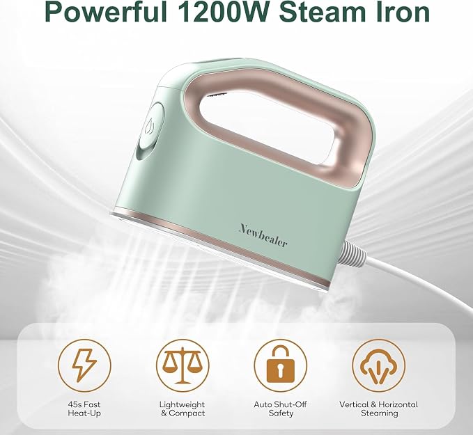 Newbealer Smart Steam Iron 1200W Turbocharged Steam 120V (Mint-Green) | Mini Heat Press, Pro-Grade 3 Steam & 3 Dry Heat Modes, 45s Heat-Up, Auto-Off, Nonstick Ceramic Soleplate, for Home/RV/Hotel