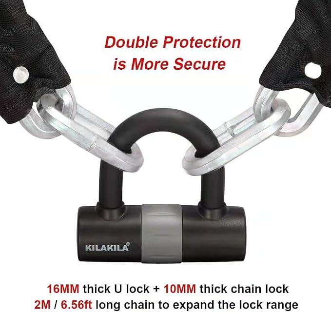 KILAKILA Security Chain Lock - Heavy Duty 10mm Bicycle and Motorbike Lock With 16mm U Lock