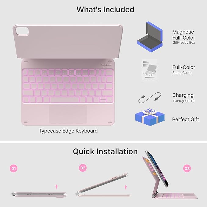 typecase Edge Keyboard Case for iPad Air 11-inch(M4/M3/M2, 2026/2025/2024), iPad Pro 11" (4th/3rd/2nd/1st Gen) & iPad Air 10.9" 5/4th Gen, Multi-Touch Trackpad, 11-Color Backlight, Pink