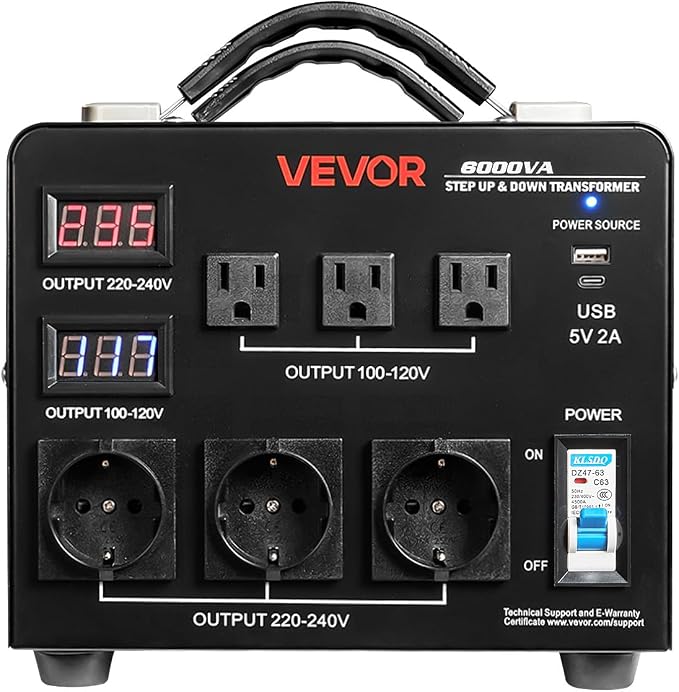 VEVOR Voltage Auto Converter Transformer, 6000VA, Heavy Duty Step Up/Down Power Transformer, 110V to 220V and 220V to 110V, with 3 US Outlets, 3 EU Outlets, LCD Display, Circuit Breaker Protection
