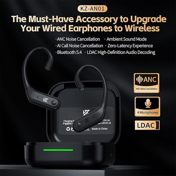 CCA KZ AN01 Active Noise Cancellation Wireless IEM Bluetooth Adapter, Bluetooth 5.4 Module, 40Hrs Playback Sport Earhook for KZ ZS10 PRO/ZSN Pro X/AS16 PRO X/Castor/EDX Pro, CRA/C12(0.78mm Pin)