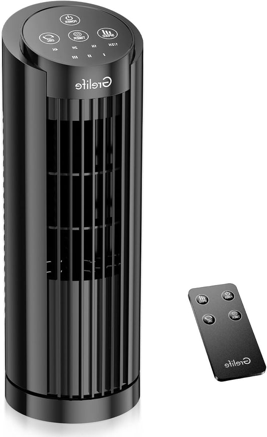Grelife Tower Fan, Mechanical Controls, 3 Speed Settings, 90° Oscillation - 13 Inch, Quiet, Space-Saving, Bladeless Cooling, Portable Desk Fan for Bedroom, Home, Office