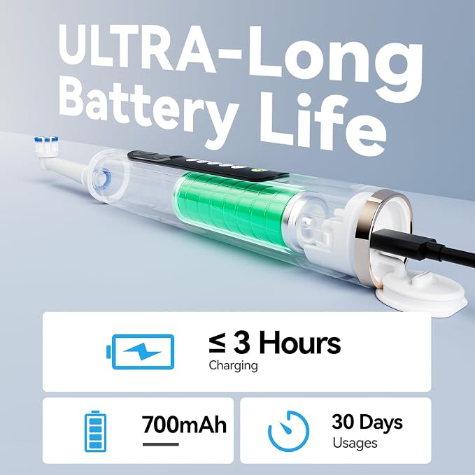 SEAGO Rotating Electric Toothbrush for Adults - 8 Replacement Heads (4 Soft/4 Hard), IPX7 Waterproof, 5 Modes with Memory Function, 2-Minute Timer, USB Type-C Rechargeable (SG-2607-Black