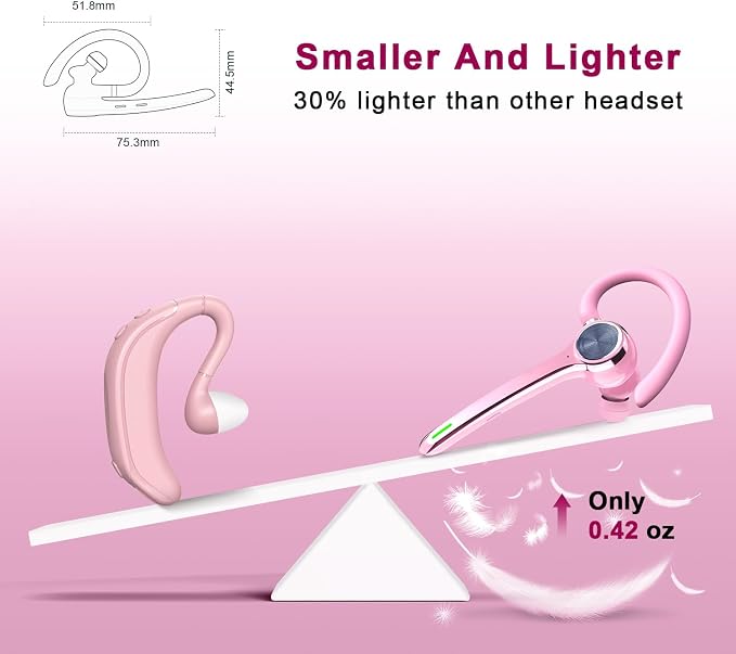 HEIBAS Bluetooth Headset, Wireless Bluetooth Earpiece with 500mAh Charging Case 72 Hours Talking Time Built-in Microphone for iOS Android Cell Phone, V5.1 Hand-Free Headphones for Trucker, Office-Pink