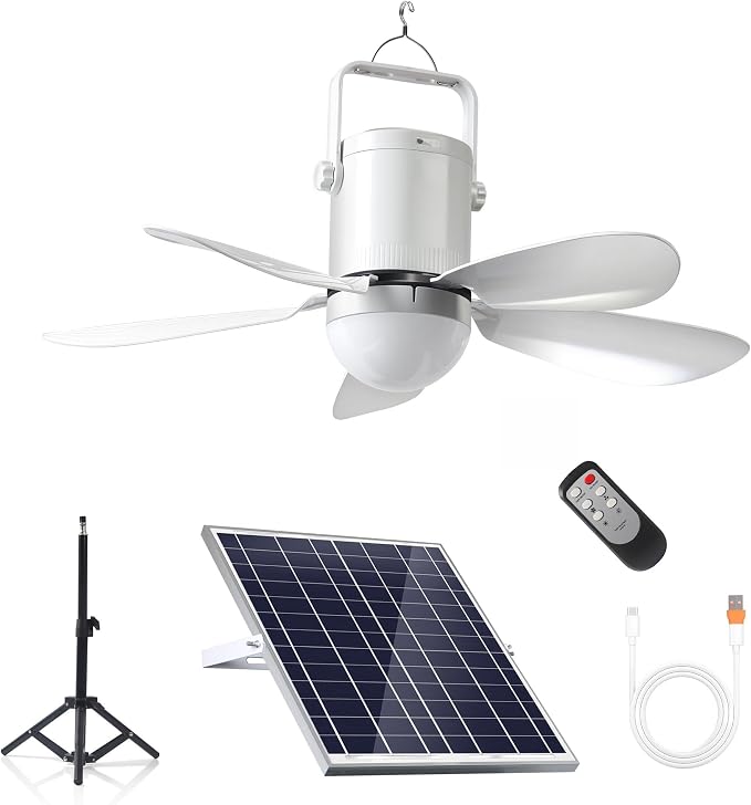 Solar Ceiling Fan with Light, 10800mAh Rechargeable Battery & 15W Solar Panel, DC Brushless Quiet Fan, RF Remote Control, for Gazebo, Patio, Camping Tent, Garage, RV, Emergency Use