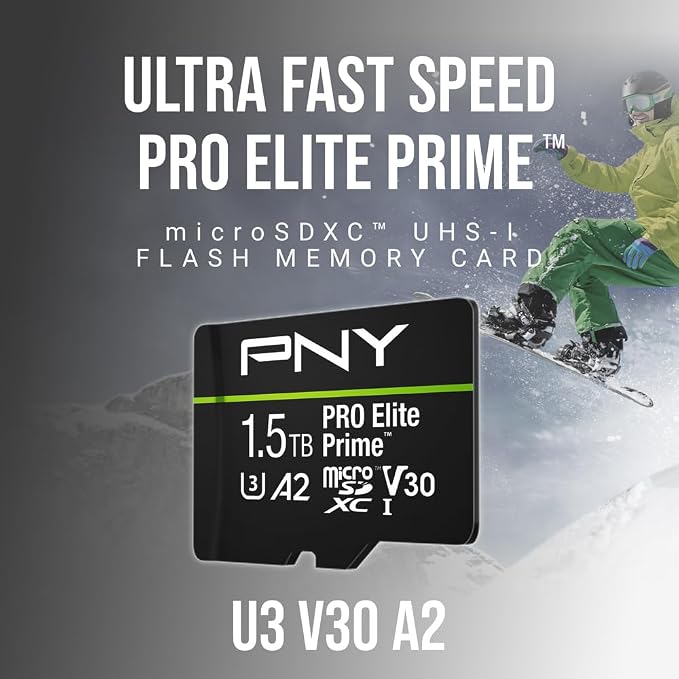 PNY 1.5TB PRO Elite Prime™ C10 U3 V30 A2 microSDXC Flash Memory Card – Ultra-Fast Speeds, Read 200MB/s, Write 150MB/s, 4K UHD, Full HD, UHS-I, for Smartphones, Drones, Action Cameras