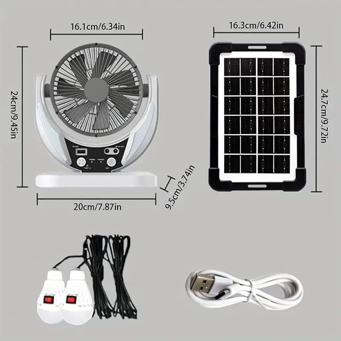 Camping Fan with Solar Panel, Rechargeable Battery Powered Tent Fan with LED Light & Bulbs, Portable Desk Fan for Outdoor Camping, Fishing, Hurricane, Home Emergency