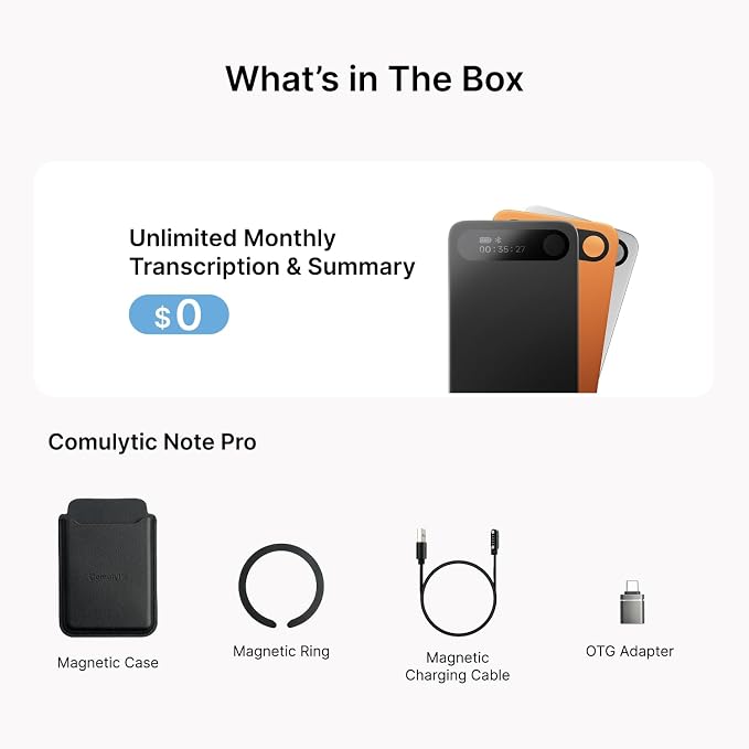 Comulytic Note Pro AI Voice Recorder, AI Note Taker w/Unlimited Transcribe & Summarize, App Control Digital Video Recorder, Support 113 Languages & Ultra-Slim for Meeting, Call, Lecture, Grey