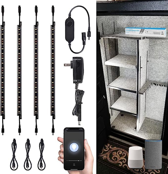 TORCHSTAR Voice Control Smart LED Safe Lighting Kit, (4) 12 Inch Dimmable Linkable Light Bars, Compatible with Alexa&Rocker Switch, 100-240V UL Power Adapter 900LM for Under Cabinet, 5000K Daylight