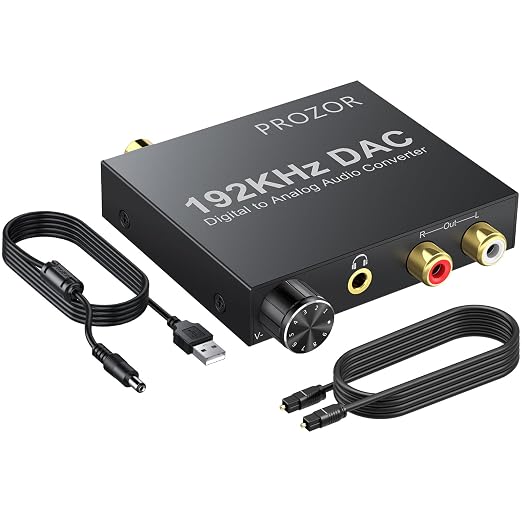 PROZOR 192KHz Digital to Analog Audio Converter Optical to RCA Adapter Upgrade Volume Adjustable DAC with Optical Cable, SPDIF TOSLINK to Stereo L/R & 3.5mm Jack Converters