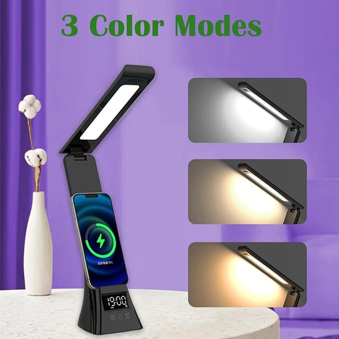 IHAO 3in1 Foldable Eye-Care Desk Lamp with 15W Wireless Charger & Digital Clock Touch Control, 3 Color Temperatures, Alarm, 180° Foldable, Phone Stand, Modern LED Table Lamp TYV-2088 Black